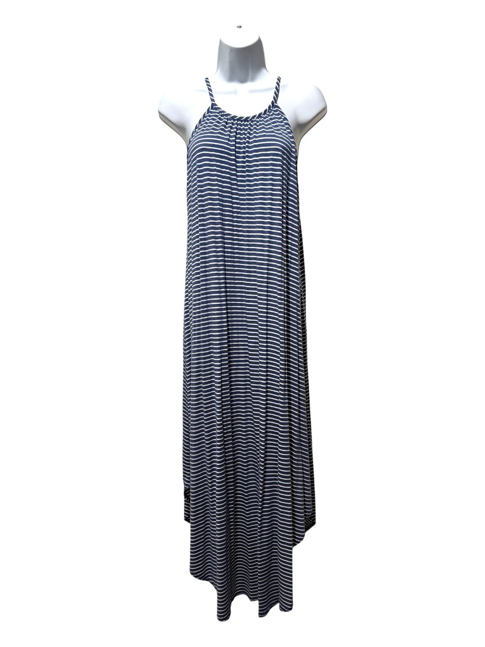 Olivia Rae Blue White Striped Maxi Dress Curved Hem Beach Size M